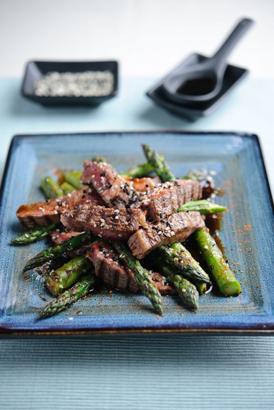 BBQ Rib Eye Steak with Grilled British Asparagus and Teriyaki Sauce