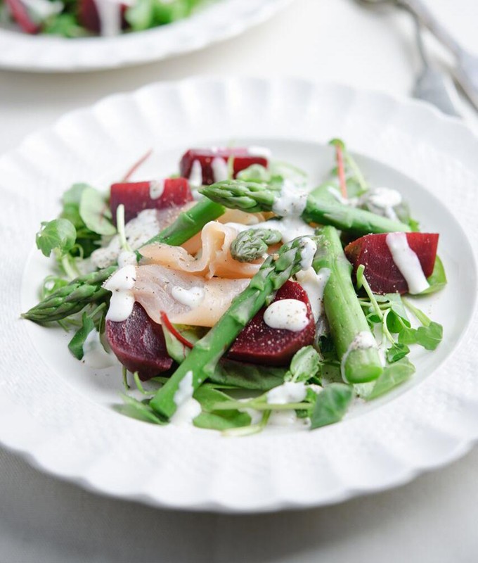 British Asparagus and Smoked Salmon Salad with a Pepper Dressing