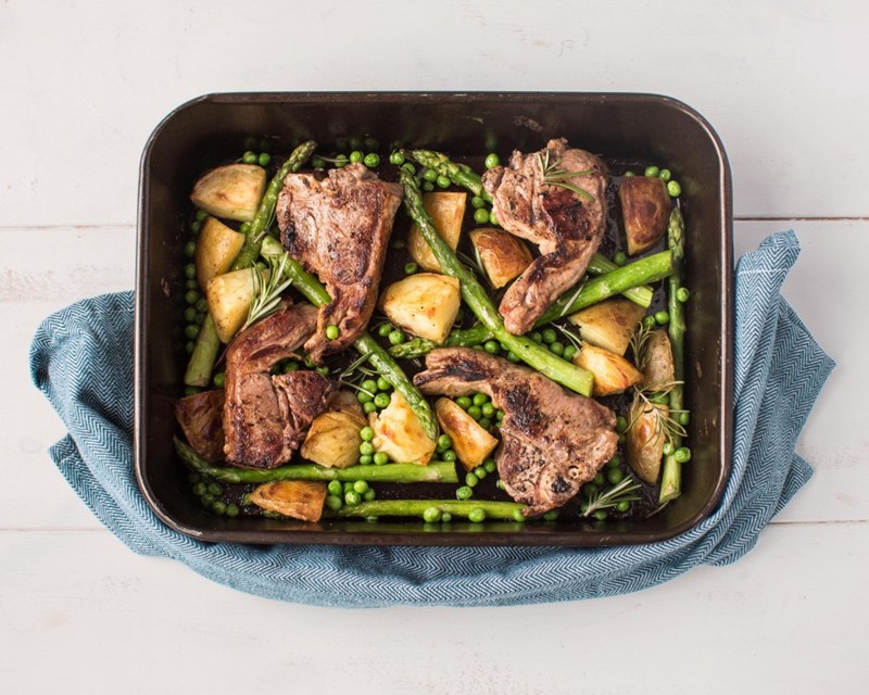 British asparagus and lamb chop tray bake