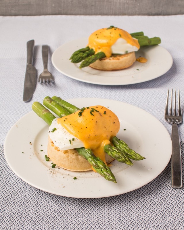 British asparagus, poached egg and hollandaise on a crumpet