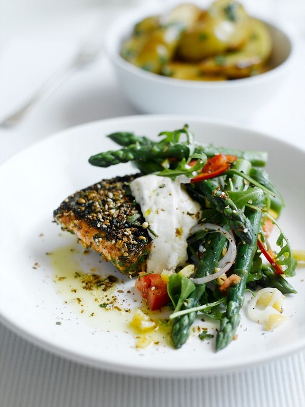 Moroccan Crusted Salmon and Asparagus Salad