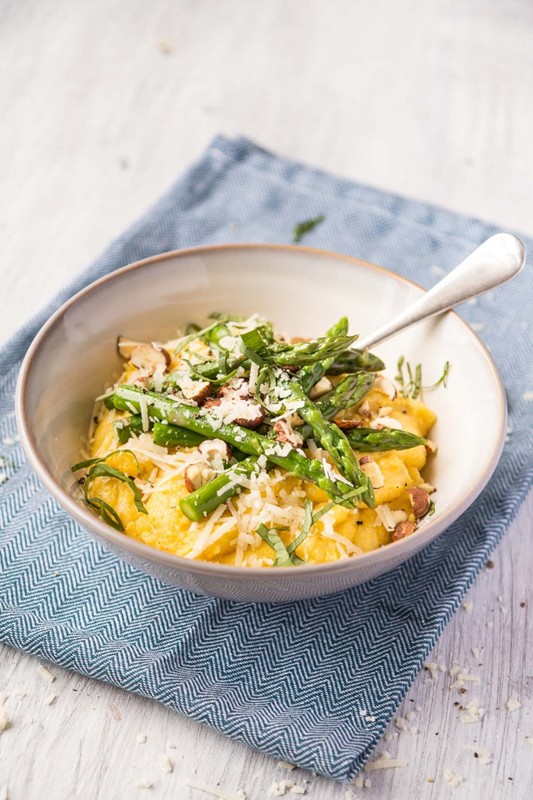 Parmesan polenta bowl with buttered British asparagus