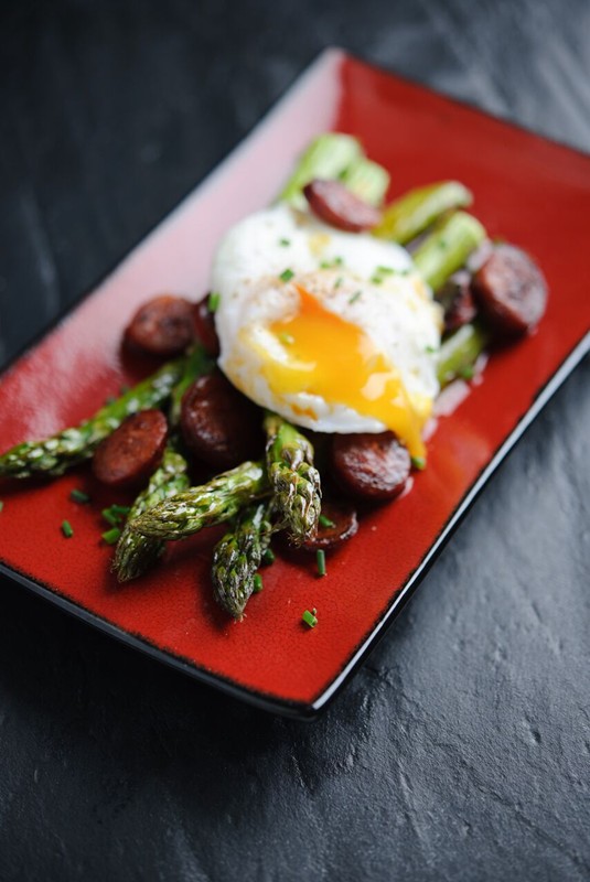 Roasted British Asparagus with Chorizo and a Poached Egg